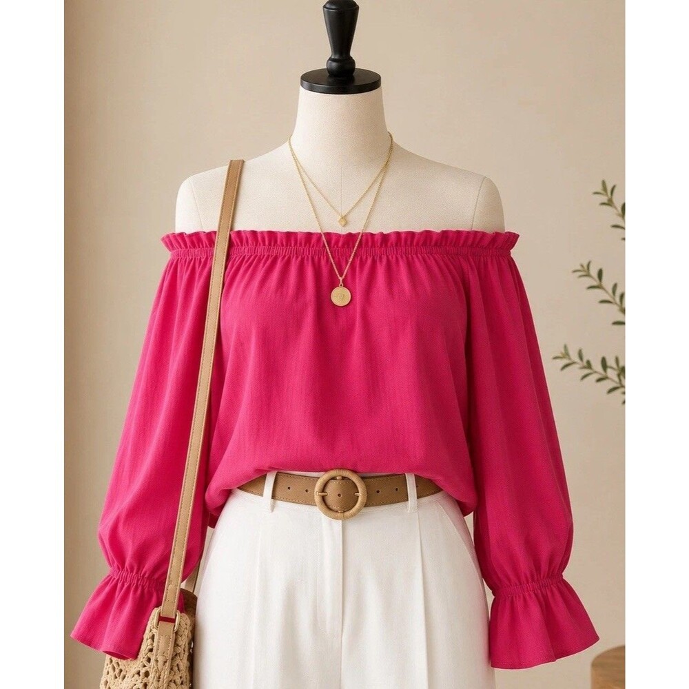 NWOT Women’s Off Shoulder Peasant Blouse L Fuchsia Long Sleeve Boho Top